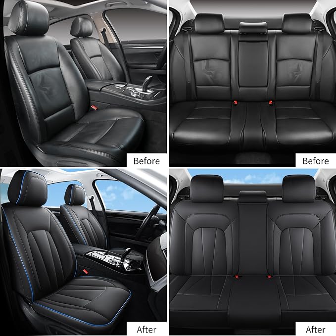 Car Seat Covers Full Set, Leather Seat Covers for Cars, Waterproof Car Seat Protector,Non-Slip Car Interior Covers ，Automotive Seat Covers for Most Cars SUVs, Blue Black