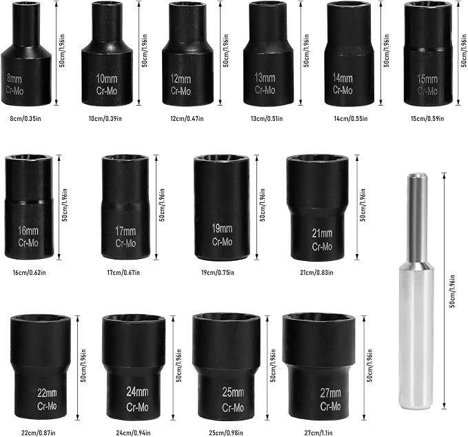 XEWEA 1/2" Drive 15PCS Lug Nut Remover and 6PCS Flip Impact Socket Set, Wheel Lock Removal Kit, Thin Wall Nut Sockets Easy Out Extractor Set for Damaged, Frozen, Rusted, Rounded-Off Bolts