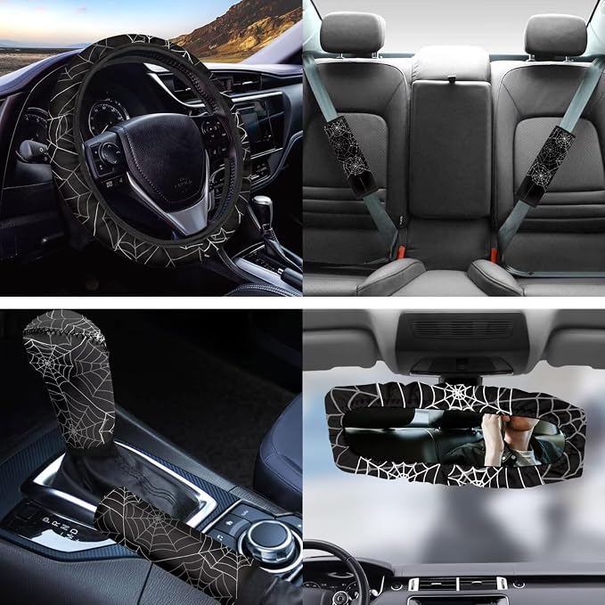 Black Spider Web Car Seat Covers Full Sets 14pcs,Halloween Car Accessory,Auto Coaster+ Keychain+Gear Shift Knob Handbreak Cover+Seatbelt+Car Rear View Mirror Cover for Women,Halloween Decor