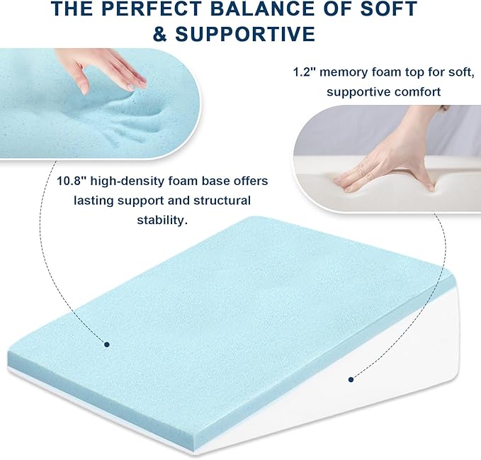 Wedge Pillow for Sleeping, 12" Bed Wedge After Surgery, Back Pain Relief, Memory Foam Pillow Triangle Incline Wedge for Back Support, Leg Elevation