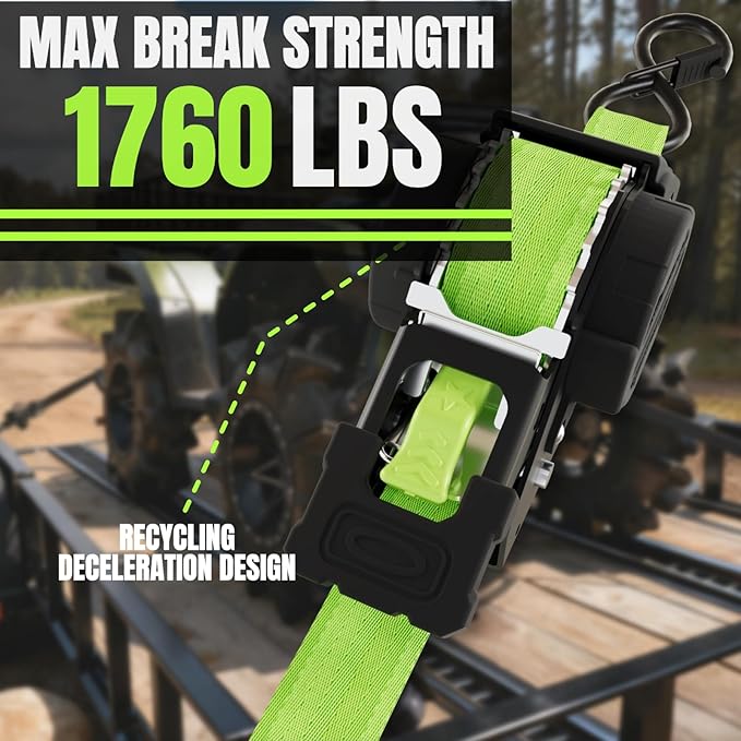 Retractable Ratchet Straps 1 Inch x 12 Feet Heavy Duty Tie Downs,1760lb Break Strength,Self Retracting for Truck,Cargo,Trailer,Motorcycle,ATV,UTV (Fluorescent Green, 4pack)