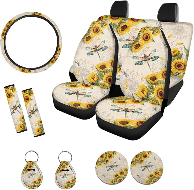 Suobstales Dragonfly Sunflower Print Car Seat Covers 11 Pcs Car Accessories Interior Set Auto Front Rear Split Seats Protectors with Steering Wheel Cover, Seatbelt Pads, Cup Holder, Keychain