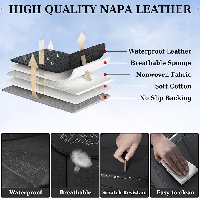 Coverado Car Seat Covers Front Seats, Nappa Leather Front Seat Covers, Waterproof Car Seat Cushion, Black Seat Covers Car Seat Protector Interior Accessories Fit for Most Cars