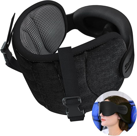 SARISUN Travel Pillows for Airplanes, Airplane Pillow for Long Flight Car Road Trip, Airplane Head Strap with Sleep Eye Mask, 360° Support Headrest, Stop Bobblehead Travel Neck Pillow, Mottled Black