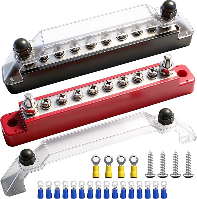 150A 12V Bus Bar Marine, 1/4" Power Distribution Block, Battery Buss Bar, Automotive Busbar Terminal Block for Car and Boat, 2 x 1/4" Studs, 8 x #8 Screws Terminals (Black+Red)