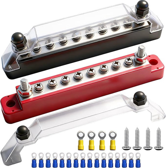 150A 12V Bus Bar Marine, 1/4" Power Distribution Block, Battery Buss Bar, Automotive Busbar Terminal Block for Car and Boat, 2 x 1/4" Studs, 8 x #8 Screws Terminals (Black+Red)