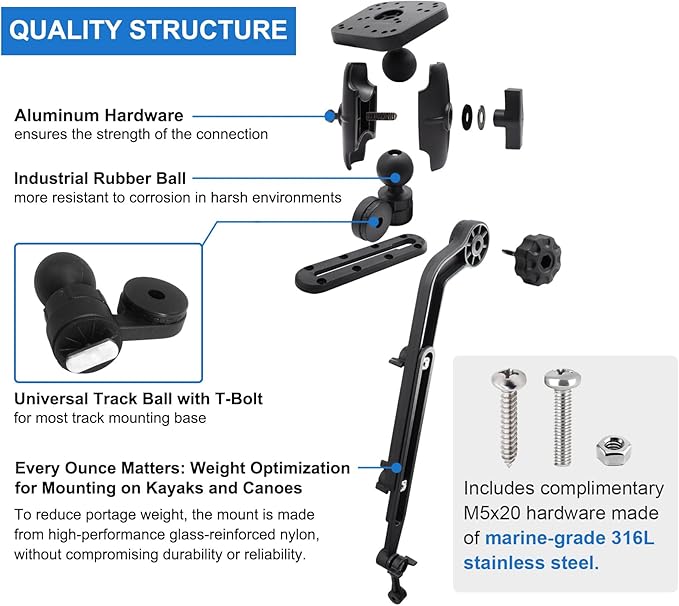 Kayak Fish Finder Mount with Transducer Mounting Arm, 1.5" Ball Marine Electronic Mount for Boat Track, Universal Mounting Plate, Compatible with Scotty, Lowrance, Garmin Fish Finders