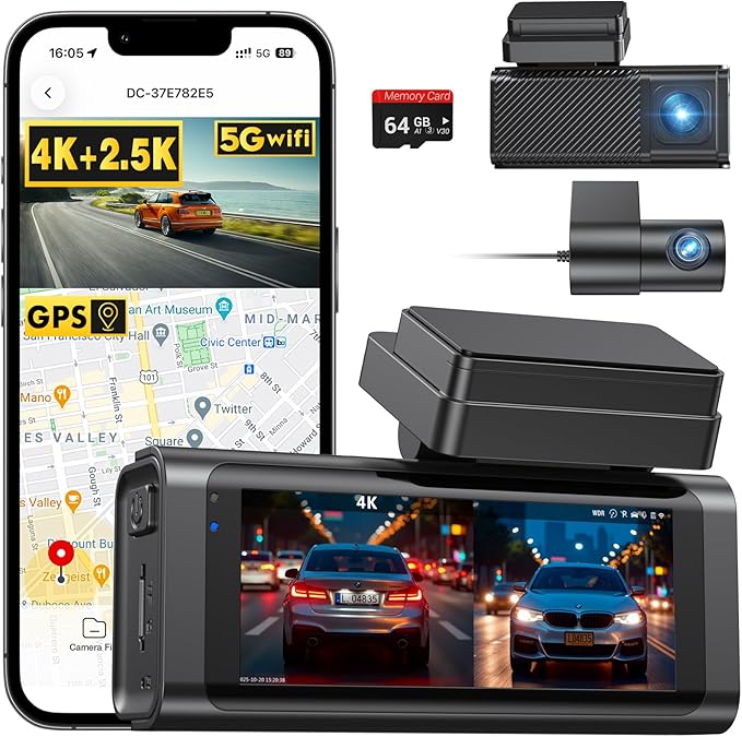 4K+2.5K Dash Cam Front and Rear, Built-in GPS, 5.8G WiFi, Free 64GB Card Included, Dash Camera for Cars, 2-Channel Car Camera,3.16'' IPS Screen,G-Sensor,WDR&HDR,24H Parking Monitor,Max 256GB