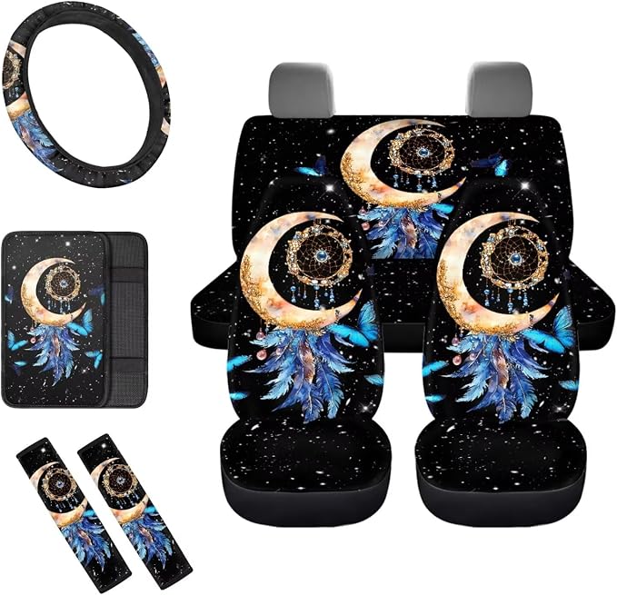 8 Pcs Moon Star Car Seat Covers Full Set Car Accessories for Women Front Seat Cover Steering Wheel Armrest Cover Seat Belt Cover for Auto SUV Interior Decoration
