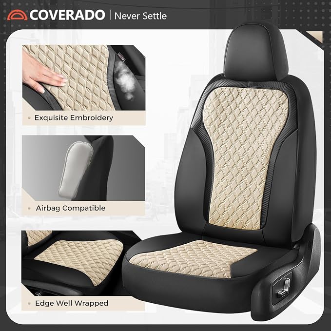 Coverado Front Seat Covers, 2-Pack Luxury Diamond Leather Car Seat Cover with Carbon Fibre Weave Design, Waterproof Car Seat Protectors, Black&Beige Driver Seat Covers Universal Fit for Cars Trucks