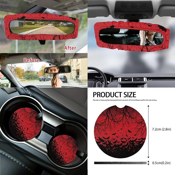 Bat Print Car Seat Covers Full Set High Back Bucket Seat Covers with Steering Wheel Cover Center Console Armrest Pad Seatbelt Pads Car Rear View Mirror Protector Garbage Bag