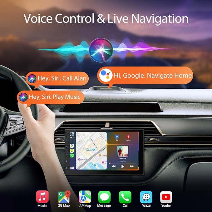 Haudio 7 “ Double Din Car Stereo, Touch Car Radio with Wireless Apple Carplay & Android Auto, Mirror Link, Bluetooth, SWC, Subwoofer Output, 5.1 CHN, Backup Camera, FM/AM Radio