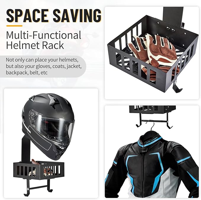 E Track Motorcycle Helmet Holder with Tray ＆ Hooks, Universal Wall Mount Helmet Rack for Garage or Workshop Organization