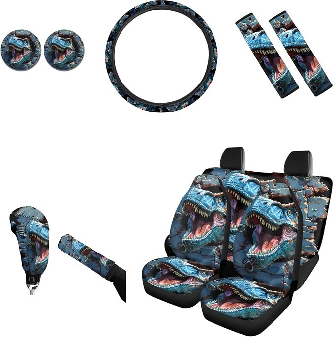 AFPANQZ Funny Dinosaur 11 Pieces Auto Accessories Set with Seat Covers Full Set with Hand Brake Cover Gear Shift Knob Cover Seat Belt Pads Car Coaster Steering Wheel Cover