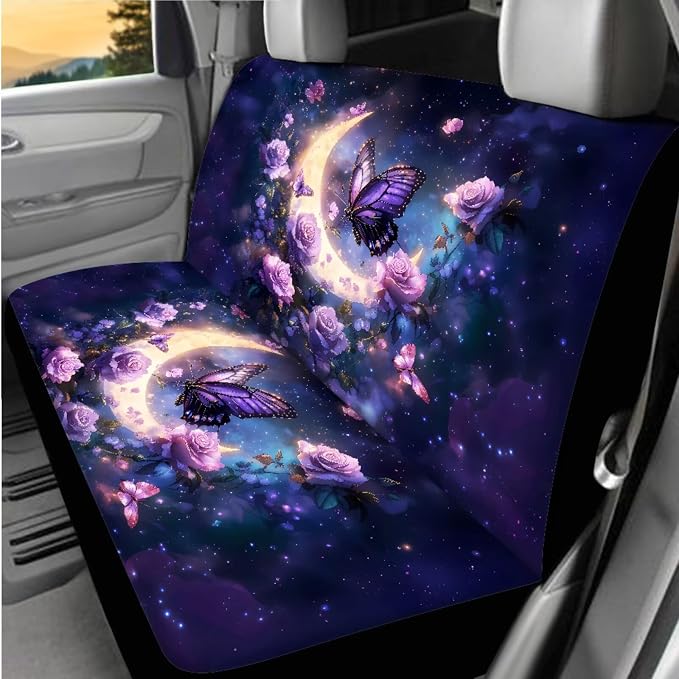 8 Pcs Purple Butterfly Rose Car Interior Accessories Set for Women, Car Seat Covers, Auto Steering Wheel Cover, Auto Center Console Pad, Seat Belt Covers