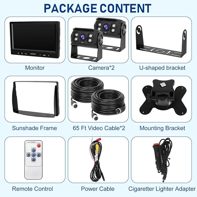 RV Backup Camera System 7” AHD 1080P Reverse Monitor+2 Side/Rear View Cameras 170° IR Night Vision Waterproof IP69K DIY Guidelines,Dual Backup Camera for Truck RV Trailer Tractor Skid Steer Vehicles.