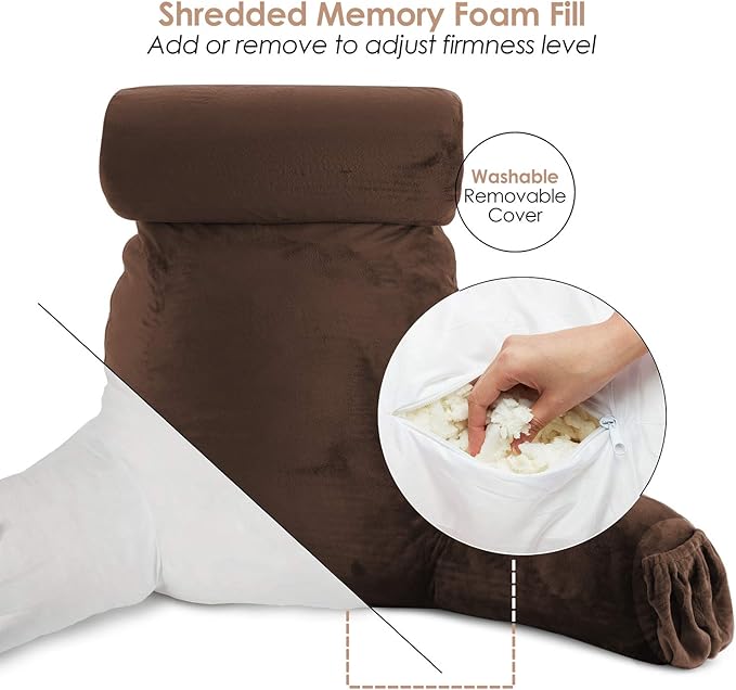 Nestl Reading Pillow with Shredded Memory Foam Includes 2 Neck and Lumber Support Pillows, Designed for Sitting Up in Bed and Couch, Back and Arms Adjustable Support for Adult & Teens, Chocolate Brown
