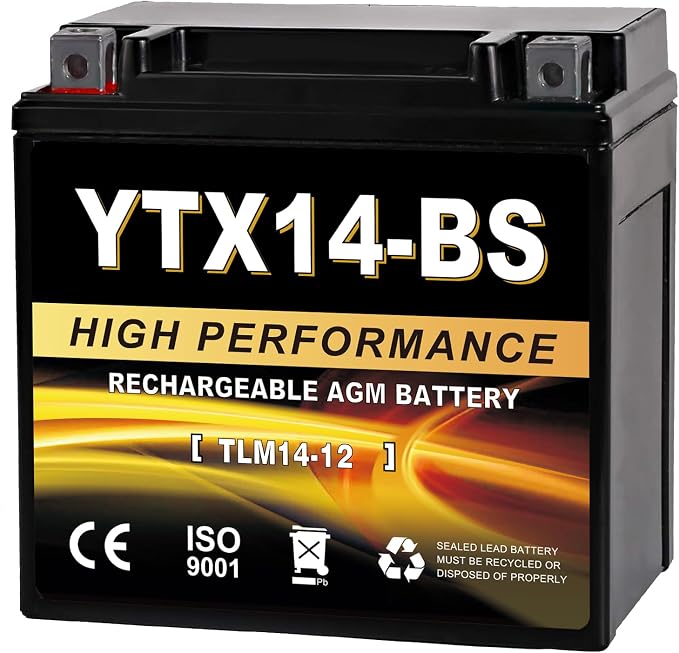 YTX14-BS 12V 14Ah AGM Sealed Motorcycle Battery, Maintenance-Free, Compatible with Honda, Yamaha, Kawasaki, Suzuki, and UTVs, Jet Skis, Snowmobiles