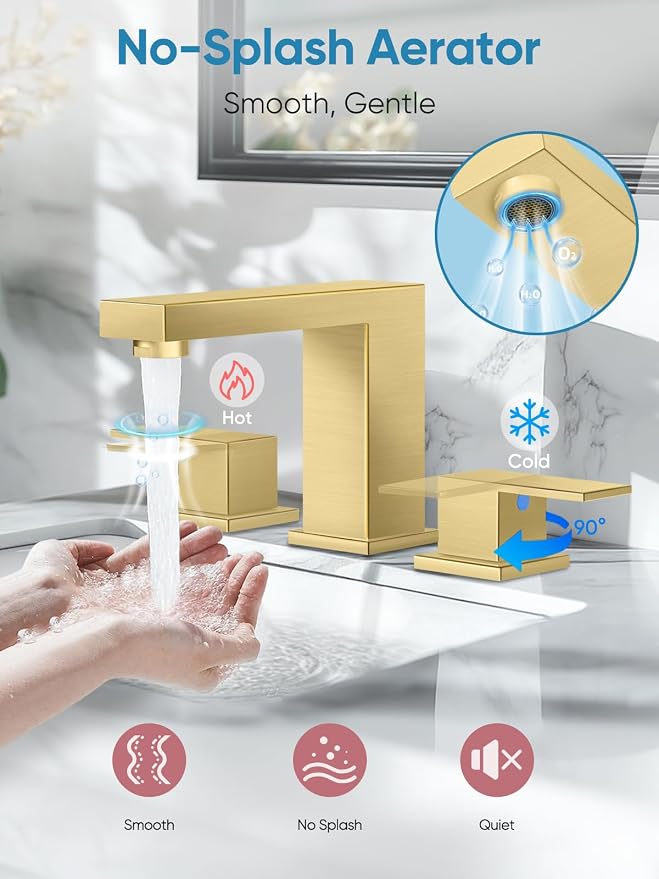 Cobbe Bathroom Faucets for Sink 3 Hole, Brushed Gold Bathroom Sink Faucet Square 8 inch Widespread with Pop-Up Drain, 2 Handle and 2 Supply Hoses, Lead-Free Stainless Steel for Vanity, Rv, Farmhouse
