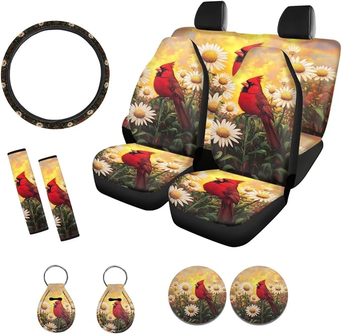 Suobstales Cardinal Daisy Flower Print Car Seat Covers 11 Pcs Car Accessories Interior Set Auto Front Rear Split Seats Protectors with Steering Wheel Cover, Seatbelt Pads, Cup Holder, Keychain