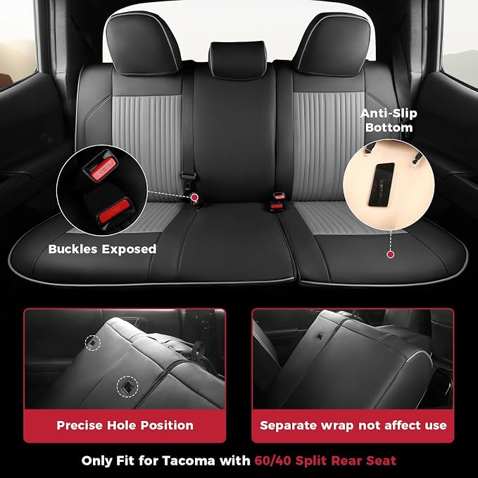 FREESOO Custom Fit for Toyota Tacoma Seat Covers, Front & Rear Fit 2005-2015 Full Coverage Waterproof Leather Automotive Seat Covers, Tacoma Seat Covers Pickup Seat Protector (5 Seats, BlackGrey)