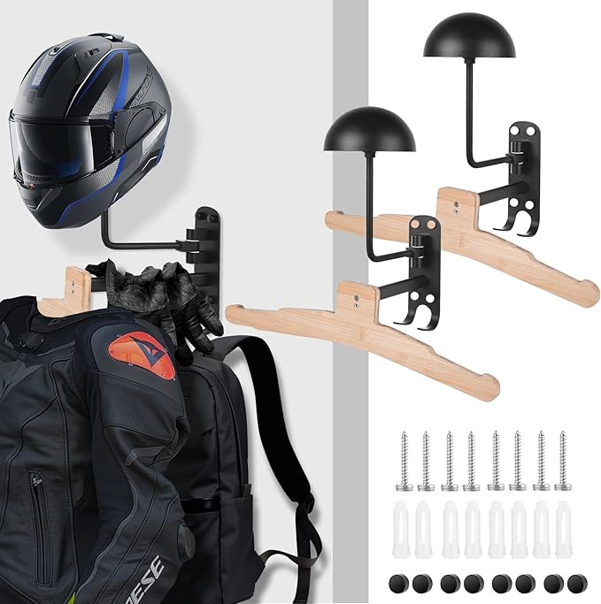 Motorcycle Helmet Rack Wall Mount 180 Degree Rotation Metal Bike Helmet Holder Mount Bicycle Helmet Display Hanger Stand with Wood Hanger & 2 Hooks for Motorcycle Bike Baseball Rugby Helmet - 2 Pack