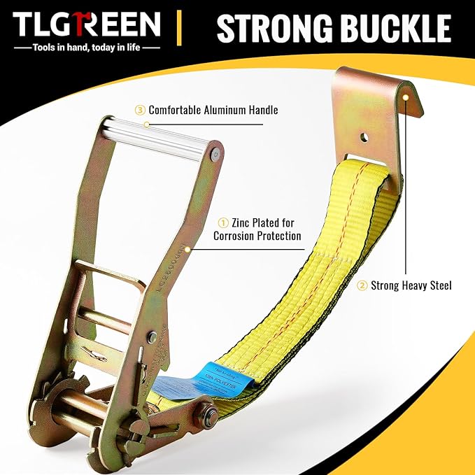 TLGREEN 4 Pack Car Tie Down Straps for Trailers - 2" x 10' -10,000LBS Break Strength Heavy Duty Ratchet Straps with Flat Hooks, for Hauling Truck, SUV, UTV, Motorcycle (Includes Storage Bag) Yellow