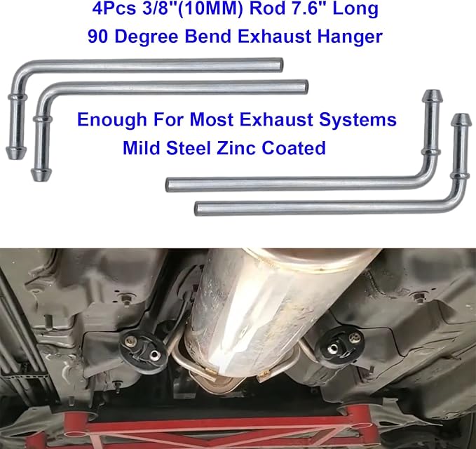 16PCS Rubber Exhaust Hanger Rod Set Heavy Duty 3/8"(10MM) Rod 90°7.6" Long + Straight 10" Long Muffler Hanger Mild Steel Zinc Coated 2 Hole 4 Hole Insulator Mount Car Automotive Replacement