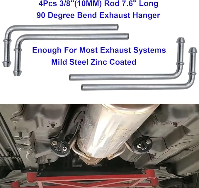 8PCS Exhaust Hanger Rod Set Heavy Duty 3/8"(10MM) Rod 4PCS 90°7.6" Long + 4PCS Straight 10" Long Exhaust Muffler Hanger Mild Steel Zinc Coated Car Automotive Replacement Clamp Flanges Parts