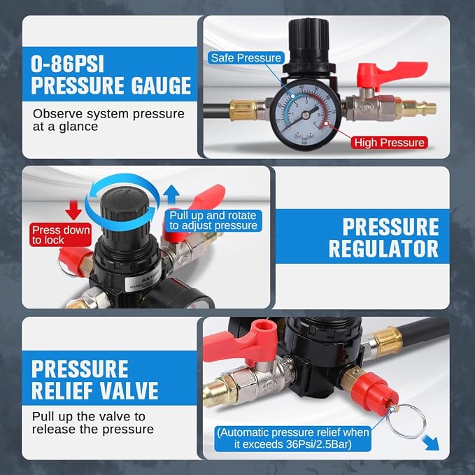 Turbo Boost Leak Tester Kit 10PC Boost Leak Tester Automotive Well-sealed Turbo/Emission/Cooling System Pressure Leakage Tester with 4 Pairs of Stepped Adapters 1-3/8" to 3-1/2", US & EU Air Fitting