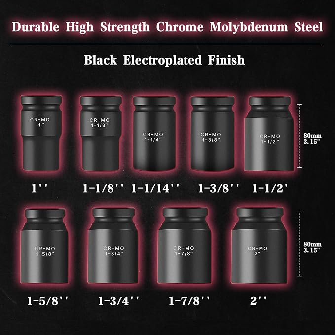 TONYNOL 1 Inch Drive Deep Impact Socket Set,9 Pieces,6-Point,SAE Sizes (1",1-1/8",1-1/14",1-3/8",1-1/2",1-5/8",1-3/4",1-7/8",2"),Cr-Mo Steel
