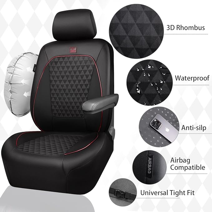 CAR PASS Leather Car Seat Covers Gel Wetsuit PU Full Set Seat Covers Waterproof EVA All Weather Neoprene Universal Fit Pickup SUV Truck Sedan Automotive, Armrest Airbag Compatible, Rhombic Red Strip