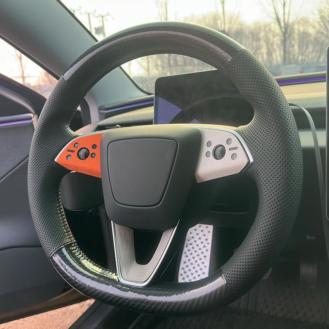 MEWANT Hand Stitch Steering Wheel Cover for Tesla Model 3 Highland Model Juniper Made of PU Carbon Fiber Faux Leather