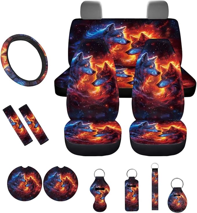 Wolf Fire Galaxy Pattern Car Accessories Car Seat Covers Full Set with Steering Wheel Covers+Seat Belt Pads+Coasters+Keychain+Lipstick Holder Universal Fit(13 Pack)