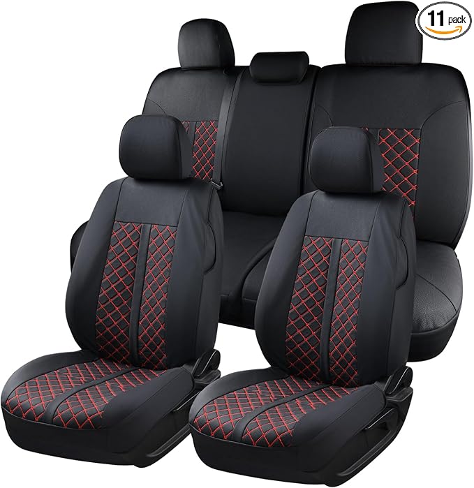 Truckiipa Tacoma Leather Car Seat Covers Full Set Truck Seat Covers Cushion Fit for 2016-2023 Toyota Tacoma Double Crew Cab, Full Set, Black&Red