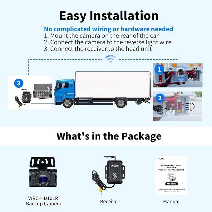 ATOTO Wireless Backup Camera, 140° Wide Viewing Angle, AHD 720P with Night Vision, Stable Signal Transmission Rear View Camera for Cars/SUVs/Trucks, WRC-HD10LR