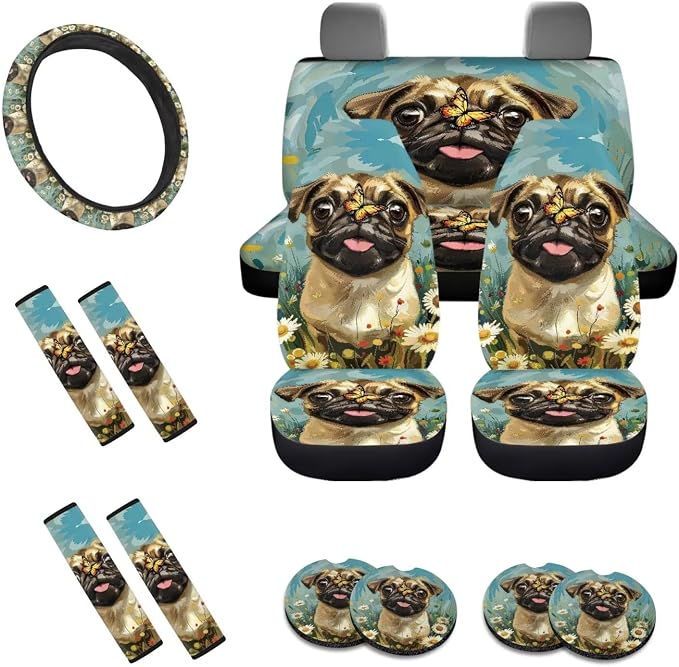 Pug Dog Butterfly Daisy Print Car Accessories Pack of 13, 4 Pieces Auto Front and Back Seat Covers + 4 Pieces Seat Belt Cover Pad + 1 Piece Steering Wheel Cover + 4 Pieces Cup Coasters