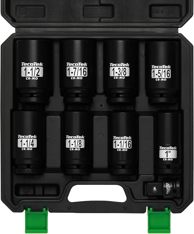 TecoTek 3/4" Drive Deep 6-Point Impact Socket Set, 9-Piece Jumbo Assortment, SAE, Cr-Mo, 1-Inch to 1-1/2-Inch Size, 1/2" F to 3/4" M Impact Socket Adapter