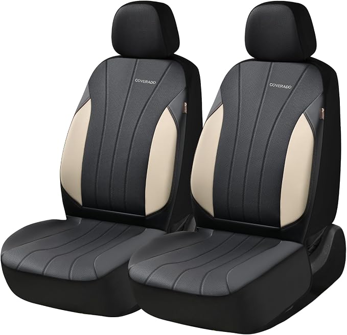 Coverado Car Seat Covers， 2 Front Seats Waterproof Nappa Leather Automotive Seat Protectors, Front Luxury Mesh Seat Covers, All-Weather Universal Fit for Most Cars SUVs, Trucks, Beige&Black