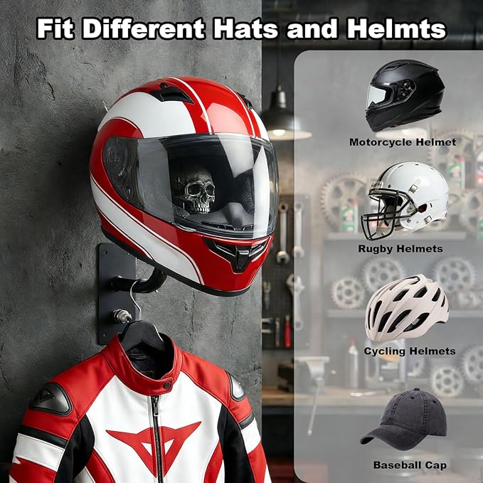 Motorcycle Helmet Skull Holder, Wall Mount Helmet Rack, Resin Crafts,Skull Helmets Holder Suitable for Motorcycle Cap, Baseball Cap, Bicycle Cap, Hat Storage Rack,Sports Gear (Type-B)