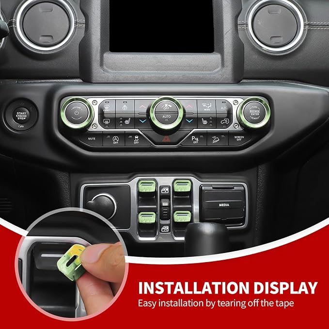JeCar JL Switch Button Covers Window Control Air Conditioner Headlight Volume Radio Knob Trims Interior Accessories Compatible with Jeep Wrangler JL JLU 2018-2026 & Gladiator JT 2020-2026, Green