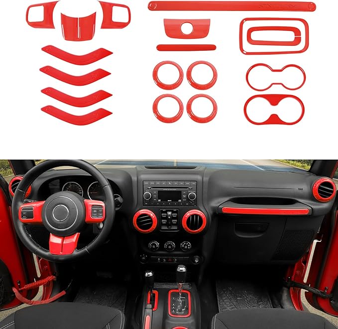 Hoolcar Steering Wheel Cover Gear Shift Panel Trim Cover Water Cup Holder Cover Kit Interior Accessories Kit Fit for Jeep Wrangler JK JKU 2011-2018, 4-Door, Red