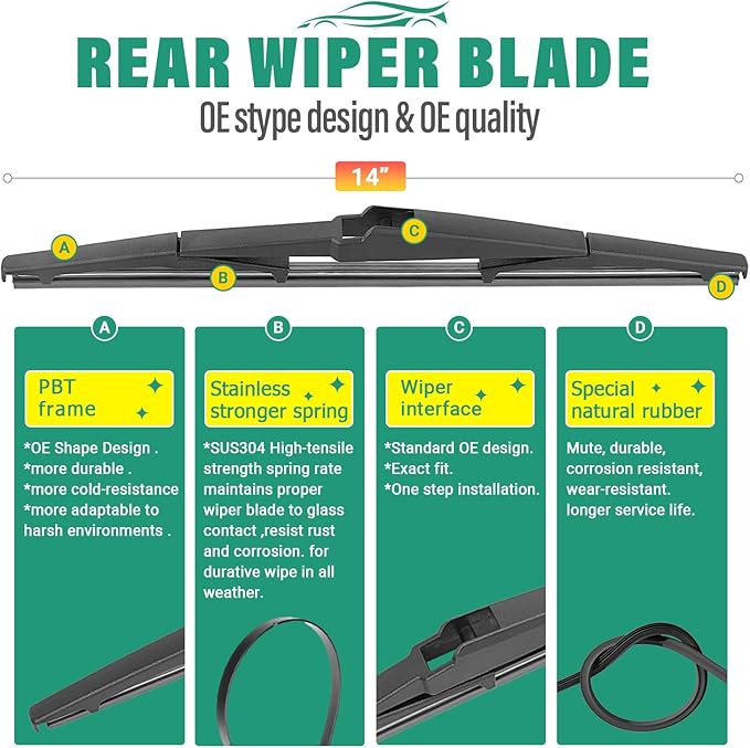 24" 18" 14" Windshield Wiper Blades Replacement for Mazda CX5 CX-5 2013 2014 2015 2016 / Hyundai Santa Fe 2007 2008 2009 2010 2011 2012 Premium All Weather Front Rear Wipers Set (Pack of 3)