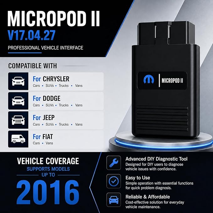 MicroPod 2 Diagnostic & Programming Tool for Jeep Dodge Chrysler Fiat, Full System Scanner with DRBIII Support, Compatible with 1998-2016 Vehicles, V17.04.27