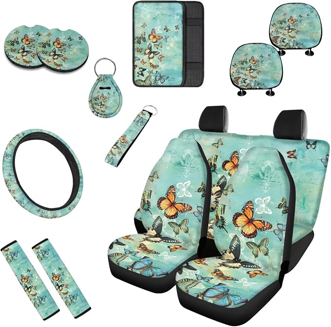 Butterfly 13 Pcs Seat Covers Full Set Realistic Monarch Butterfly Pattern Non Slip and Soft Headrest Cover Car Sage Green Insect Cup Pad Fit for Car,Truck,Van,SUV