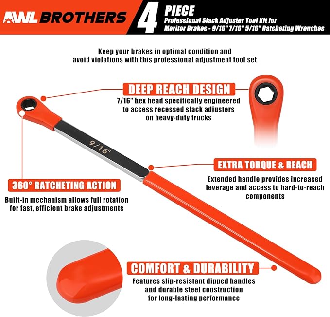 Air Brake Adjustment Tool Kit 4-PCS Set for Heavy Duty Trucks, with Ratcheting Wrenches (5/16" 7/16" 9/16") and Fork End Release Tool for Long Haul Trucks & Trailers