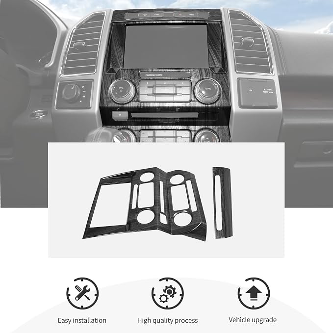 CheroCar Black Wood Grain Central Control Navigation & Emergency Light Control Panel Trim Cover Kit Fit for Ford F150 2015-2020 Hazard Light Switch & GPS Screen Surround Decorative Bezels