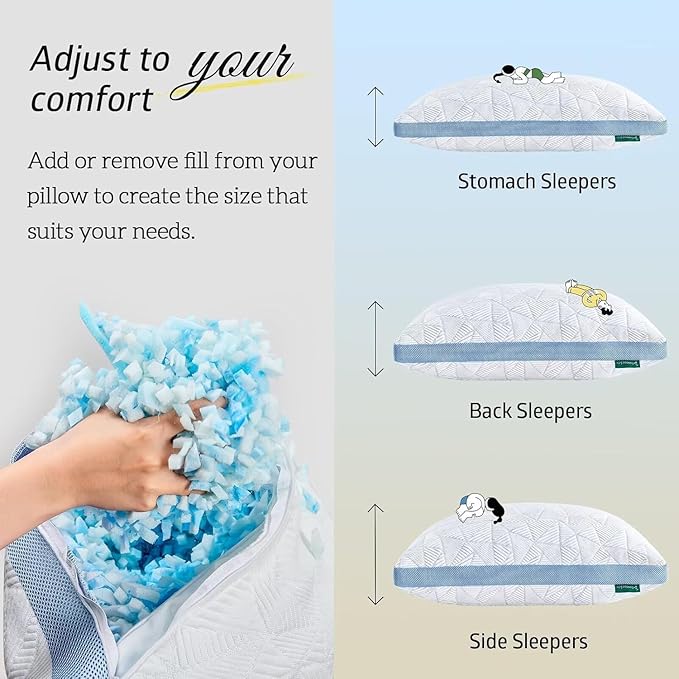 BETU Cooling King Size Pillows Set of 2, Shredded Memory Foam Cool Pillows for Hot Sleepers, Adjustable Firm Soft Support Bed Pillows Perfect for Back Neck Pain and Side Sleeping with Cover, Blue
