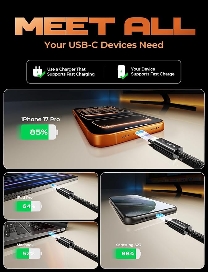 LISEN USB C Cable, 5-Pack [10FT] USBC to USBC Cable for iPhone 17 16e 15 Pro Max Charger Cord, 60W C to C Cable Fast Charging for Galaxy S25/S24/23, Switch 2, iPad, MacBook,Black