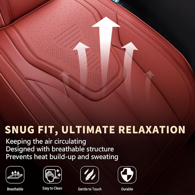 FLORICH Car Seat Cover Full Set, Red Automotive Seat Covers, Luxury Faux Nappa Leather Car Seat Protectors, Car Seat Cushions Universal Fit for Most Sedans SUVs Trucks - Red
